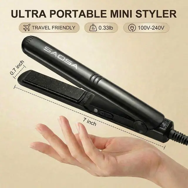 Alt view image 2 of 7 - Mini Flat Iron, 0.7 Inch Ceramic Small Hair Straightener for Short Hair, Bangs & Edges, 2 in 1 Travel Flat Iron Dual Voltage, 410°F Fast Heat Up Tourmaline Styler with Storage Pouch, Black