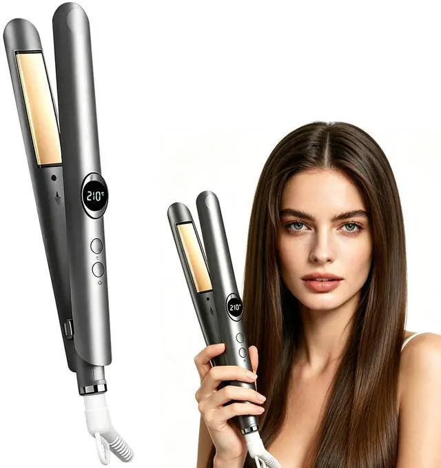 Main image of 2-in-1 Hair Straightener & Curler, Dual-Voltage 30W, Fast Heat-Up | Stylish Design, 12 Heat Settings (150°C210°C) with Digital Display, One-Button Storage Lock