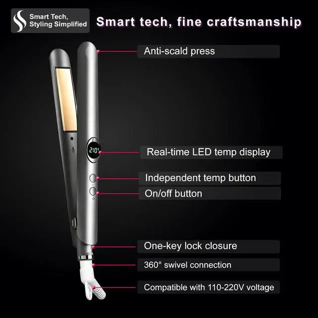 Alt view image 6 of 6 - 2-in-1 Hair Straightener & Curler, Dual-Voltage 30W, Fast Heat-Up | Stylish Design, 12 Heat Settings (150°C210°C) with Digital Display, One-Button Storage Lock