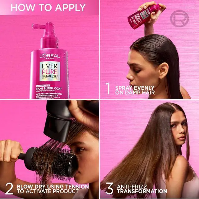 Alt view image 5 of 7 - Sulfate Free Iron Sleek Coat, Anti-Frizz Hair Treatment Spray with Heat Protection & Humidity Protection, Semi-Permanent Smoothing, Suitable for Color-Treated Hair, EverPure, 5.1 fl oz