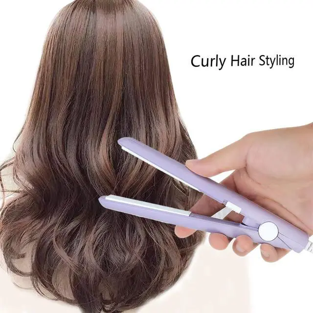 Alt view image 6 of 7 - Mini Hair Straightener 2 in 1 Straight and Curly Hair Flat Iron Ceramic Tourmaline Plate 100-240V 20W US Plug (Purple)