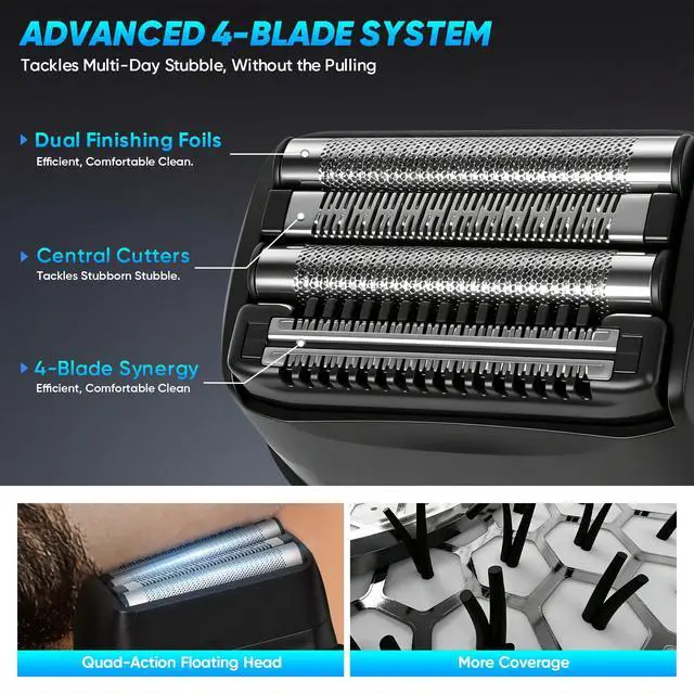 Alt view image 4 of 7 - Electric Foil Shavers for Men: Compact Electric Razor with 4 Floating Blades, Travel Portable Foil Shaver for Men, USB-C Rechargeable, Waterproof Wet Dry Cordless Face Shaver for Travel & Home, Black
