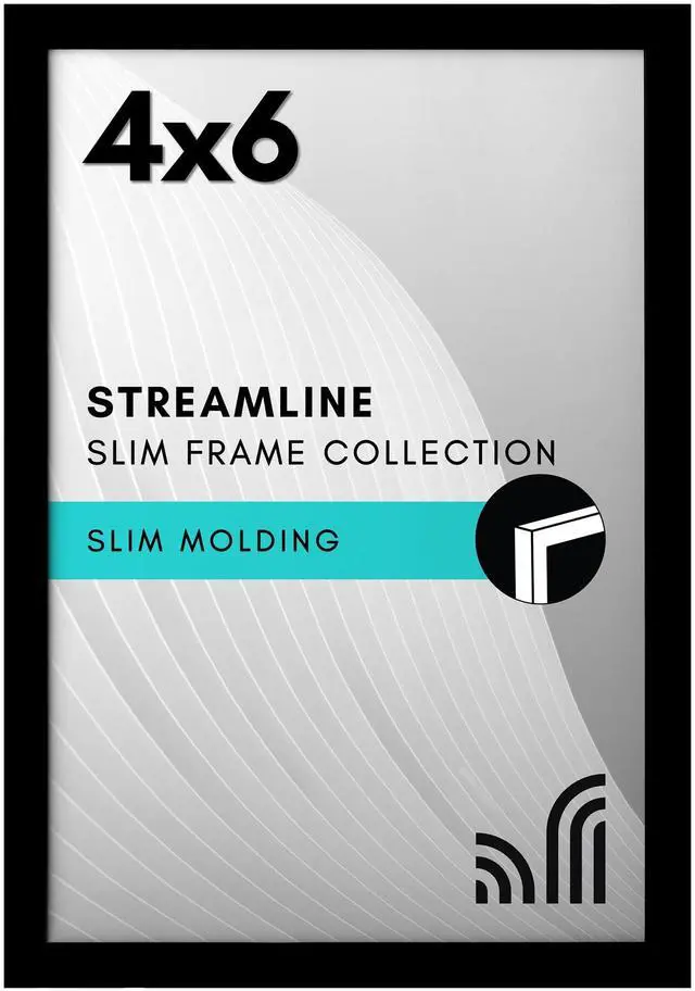 Main image of 4x6 Picture Frame - Slim Molding - Black | Shatter-resistant glass, wall or tabletop display with included easel, triangle hangers included, secure turn-tab backing