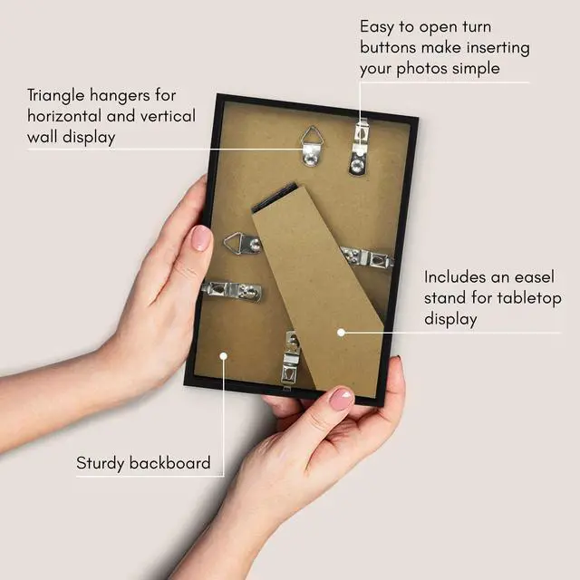 Alt view image 5 of 7 - 4x6 Picture Frame - Slim Molding - Black | Shatter-resistant glass, wall or tabletop display with included easel, triangle hangers included, secure turn-tab backing