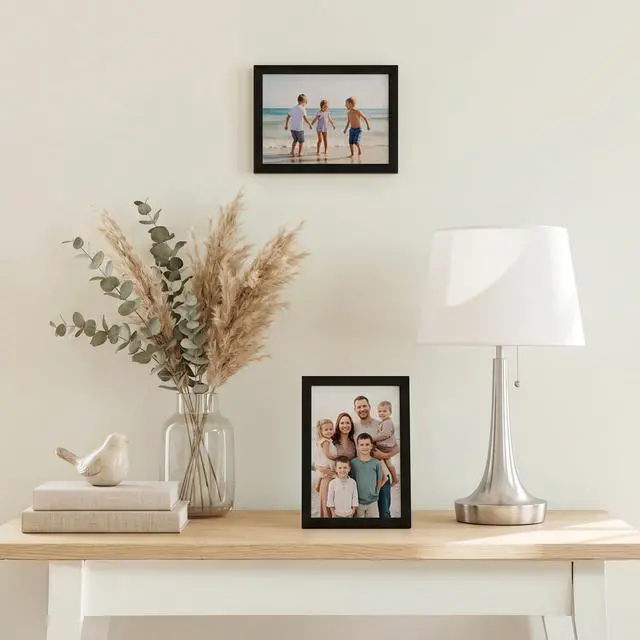 Alt view image 7 of 7 - 4x6 Picture Frame - Slim Molding - Black | Shatter-resistant glass, wall or tabletop display with included easel, triangle hangers included, secure turn-tab backing