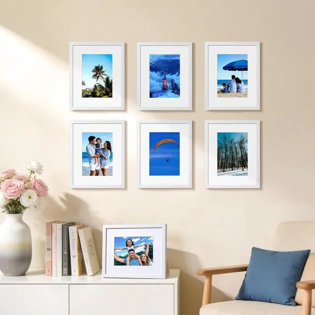 Alt view image 3 of 7 - 8x10 Picture Frame Set of 6, Wall or Tabletop Display, White | White 8x10 Frame Display Photos 5x7 with Mat or 8x10 without, Gallery Wall Frame Set for Room & Home Decor