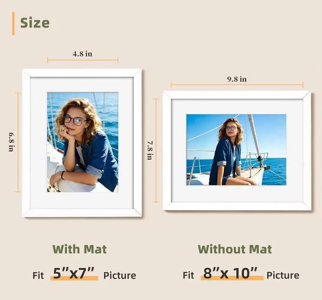 Alt view image 4 of 7 - 8x10 Picture Frame Set of 6, Wall or Tabletop Display, White | White 8x10 Frame Display Photos 5x7 with Mat or 8x10 without, Gallery Wall Frame Set for Room & Home Decor