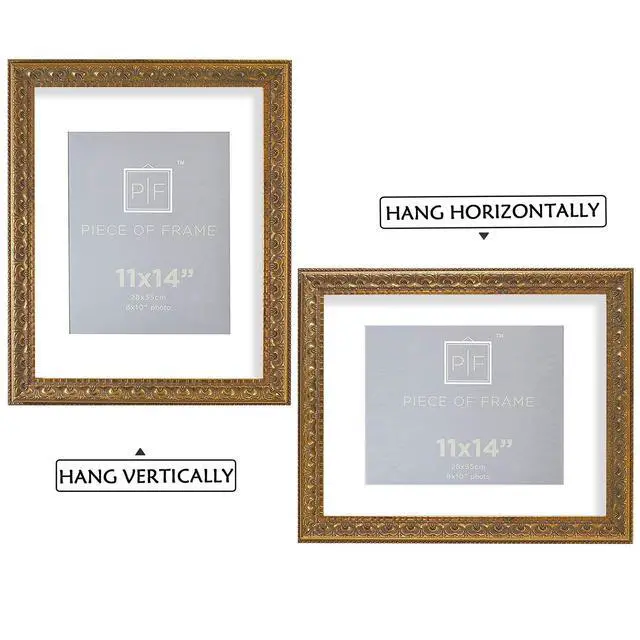 Alt view image 3 of 6 - 11x14 Bronze Photo Frame White Mat for 8x10 Real Glass | Removable Mat Fits 8x10 Picture, Art, Poster or Print Display, Ornate Finish Style, 1.5 Inch Frame Border, Wall Mount Display
