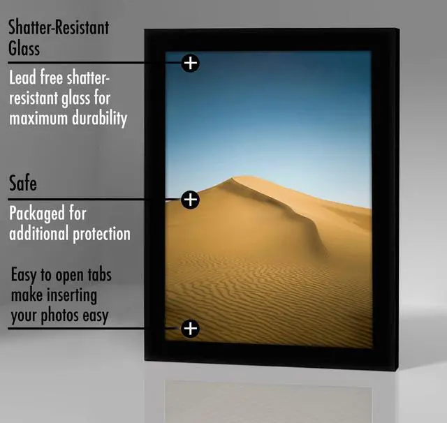 Alt view image 3 of 6 - 9x12 Picture Frame - Engineered Wood - Black | Shatter-resistant glass, wall or tabletop display with included easel, sawtooth hangers included