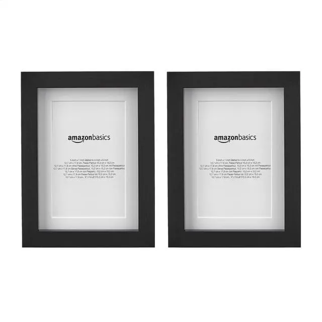 Main image of Rectangular Picture Frame with Glass, 5" x 7", Wall Hanging or Tabletop Display, Mat for 4" x 6" Photo, Black, 2-Pack