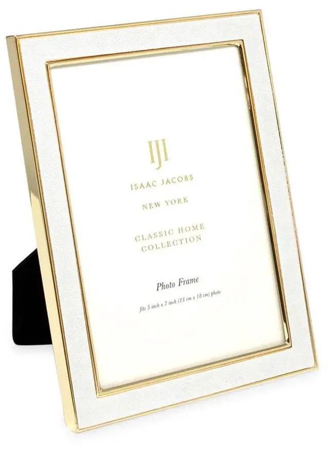 Main image of 5x7 White Leather w/Gold Metal Picture Frame with Easel | Vertical & Horizontal Picture Frame, Suede Border w/Black Fabric Easel, Wall-Mountable, Made For Tabletop, Photo Gallery