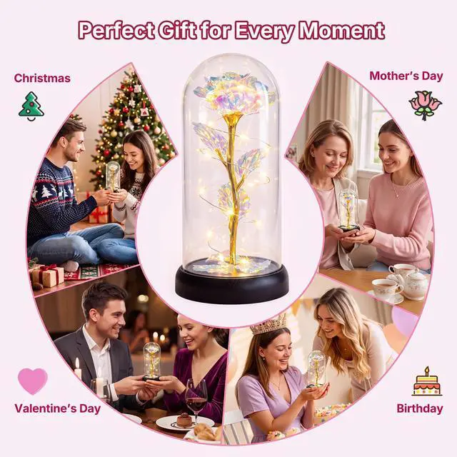 Alt view image 4 of 7 - Christmas Rose Flower Gifts for Women, Mom Gifts for Christmas Valentines Mothers Day Birthday, Preserved Forever Glass Roses Flowers Gifts for Grandma Girlfriend Wife Sister Her (Colorful)