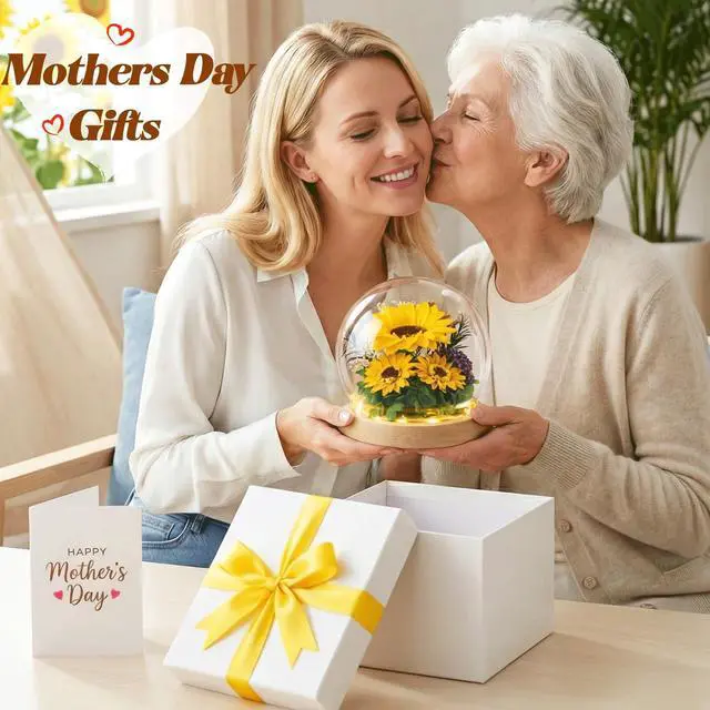 Alt view image 3 of 7 - Mothers Day Sunflower Gifts for Mom Birthday Gift for Women, LED Glass Dome Preserved Eternal Flower Home Decor, for Mom Grandma Wife