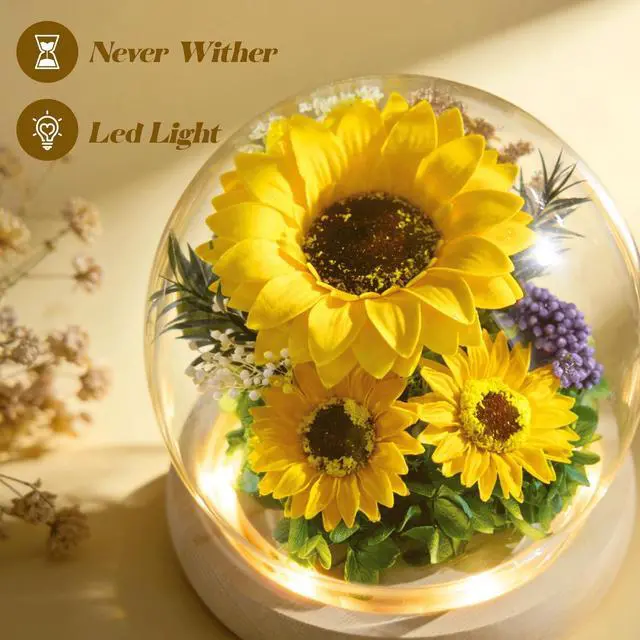 Alt view image 4 of 7 - Mothers Day Sunflower Gifts for Mom Birthday Gift for Women, LED Glass Dome Preserved Eternal Flower Home Decor, for Mom Grandma Wife