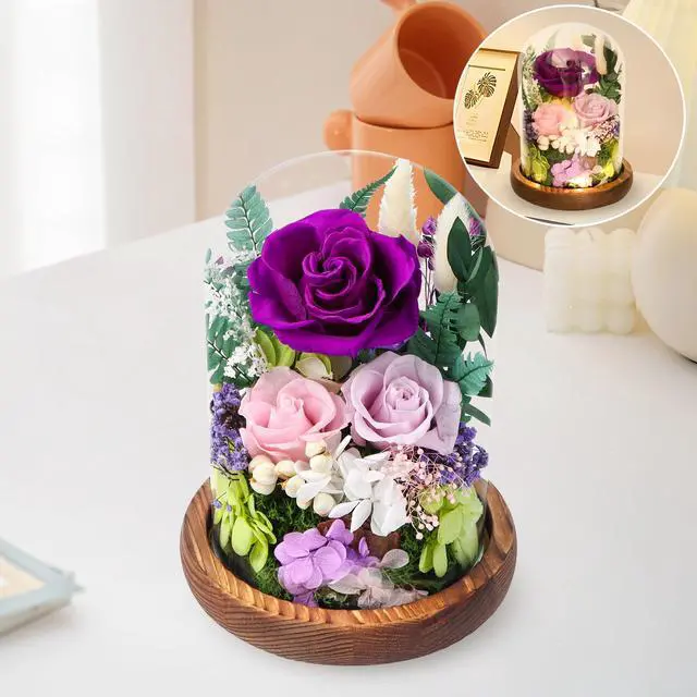 Main image of Preserved Rose in Glass Dome, Long Lasting Flower Delivery Gifts for Women | Birthday Mothers Day Valentine Presents for Mom Grandma Wife Girlfriend(Purple)