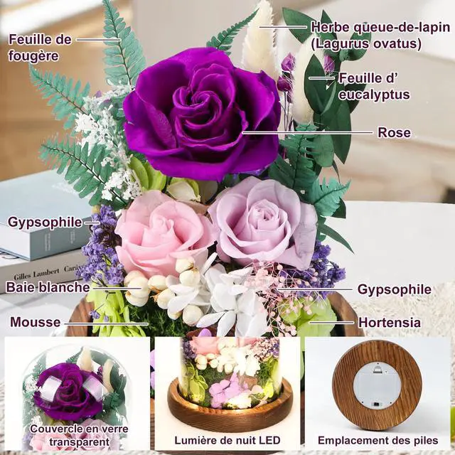 Alt view image 3 of 7 - Preserved Rose in Glass Dome, Long Lasting Flower Delivery Gifts for Women | Birthday Mothers Day Valentine Presents for Mom Grandma Wife Girlfriend(Purple)