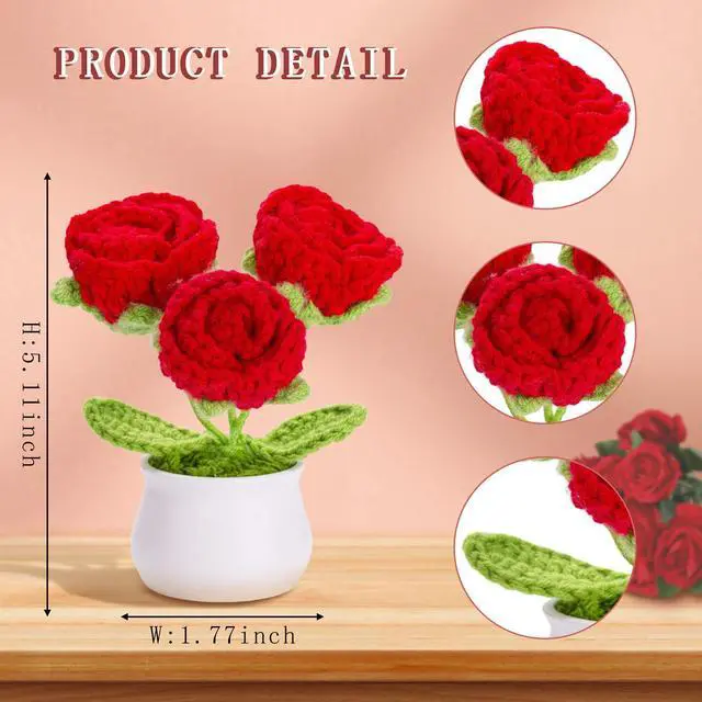 Alt view image 2 of 6 - Red Eternal Crochet Roses Preserved Rose Forever Knitted Flower for Birthday Anniversary Red Crochet Gifts for Women