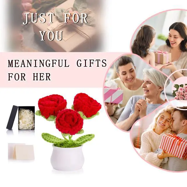 Alt view image 6 of 6 - Red Eternal Crochet Roses Preserved Rose Forever Knitted Flower for Birthday Anniversary Red Crochet Gifts for Women