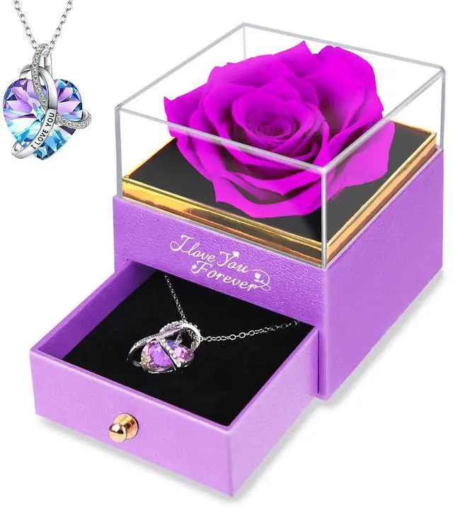 Main image of Preserved Flowers Gifts for Women: Single Rose Purle with Necklace | Valentines Day Mothers Day Birthday Christmas