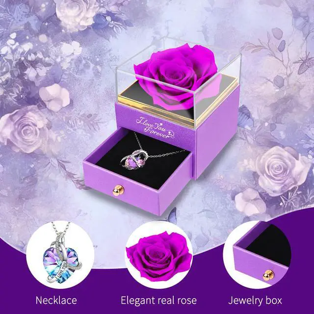 Alt view image 3 of 6 - Preserved Flowers Gifts for Women: Single Rose Purle with Necklace | Valentines Day Mothers Day Birthday Christmas