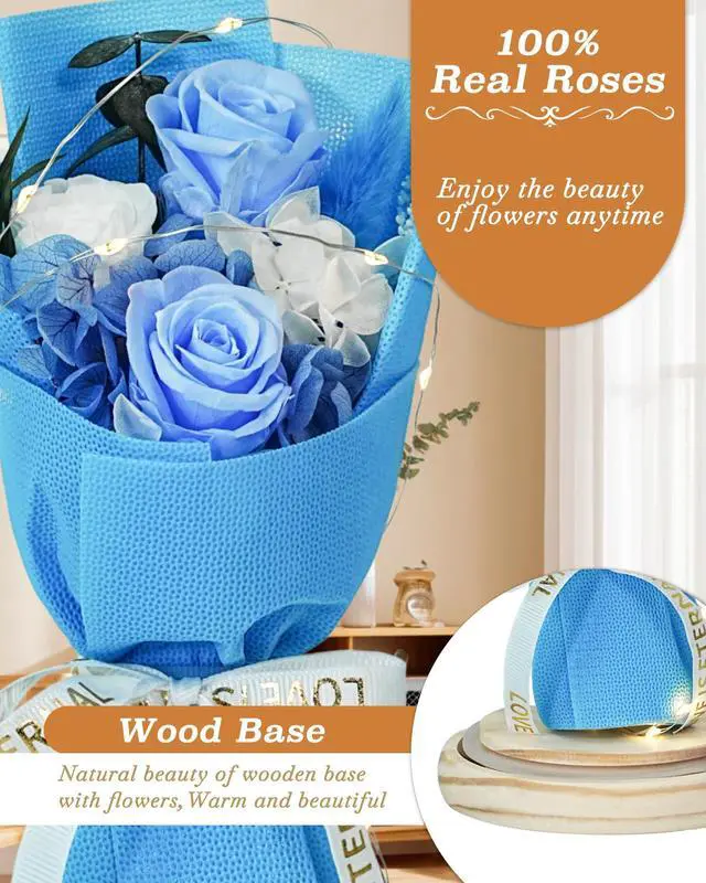 Alt view image 2 of 7 - Flowers Gifts for Her Mom Women Preserved Forever Fresh Flowers Bouquet with Blue and White Roses in Glass Dome Suitable for All Occasions Valentines Mothers Day Anniversary Thanksgiving Birthday