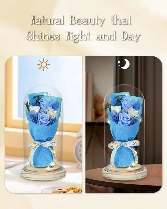 Alt view image 5 of 7 - Flowers Gifts for Her Mom Women Preserved Forever Fresh Flowers Bouquet with Blue and White Roses in Glass Dome Suitable for All Occasions Valentines Mothers Day Anniversary Thanksgiving Birthday