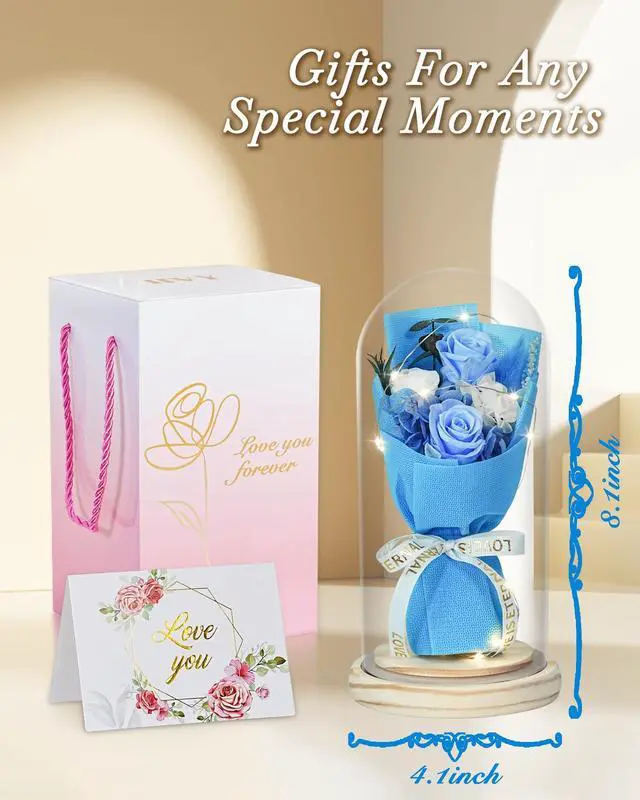 Alt view image 4 of 7 - Flowers Gifts for Her Mom Women Preserved Forever Fresh Flowers Bouquet with Blue and White Roses in Glass Dome Suitable for All Occasions Valentines Mothers Day Anniversary Thanksgiving Birthday