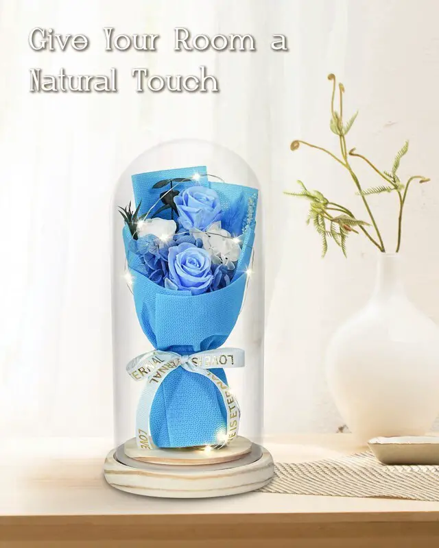 Alt view image 7 of 7 - Flowers Gifts for Her Mom Women Preserved Forever Fresh Flowers Bouquet with Blue and White Roses in Glass Dome Suitable for All Occasions Valentines Mothers Day Anniversary Thanksgiving Birthday