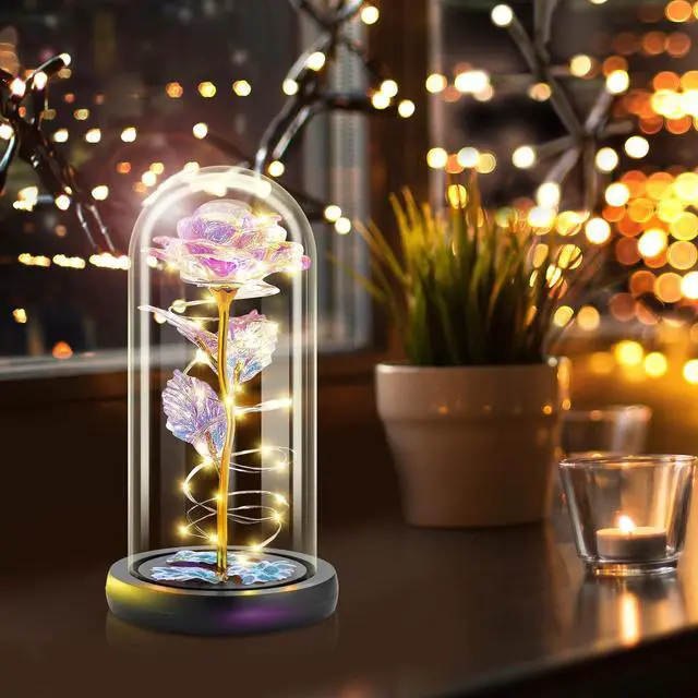 Alt view image 2 of 7 - Forever Artificial Glass Rose Flower Lamp, Women Gifts for Birthday Christmas Valentines Mothers Day, Home Decor, Preserved 7.7'' Rose Gifts for Mom Grandma Daughter Wife Girlfriend (Rainbow)