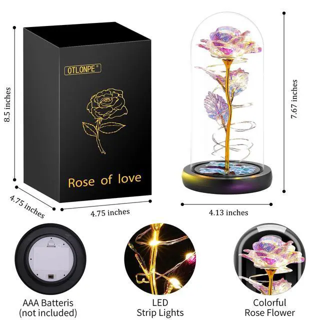 Alt view image 7 of 7 - Forever Artificial Glass Rose Flower Lamp, Women Gifts for Birthday Christmas Valentines Mothers Day, Home Decor, Preserved 7.7'' Rose Gifts for Mom Grandma Daughter Wife Girlfriend (Rainbow)