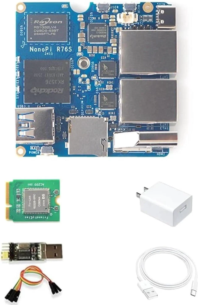 Main image of NanoPi R76S Mini Router, RK3576 Octa-Core SoC with AI Model, LPDDR5 16GB RAM 32GB eMMC, 6TOPS NPU,Dual 2.5G Ethernet, Support M.2 Wi-Fi Module, Metal casing (with M.2 WiFi, LPDDR5 16GB, Power Kit)