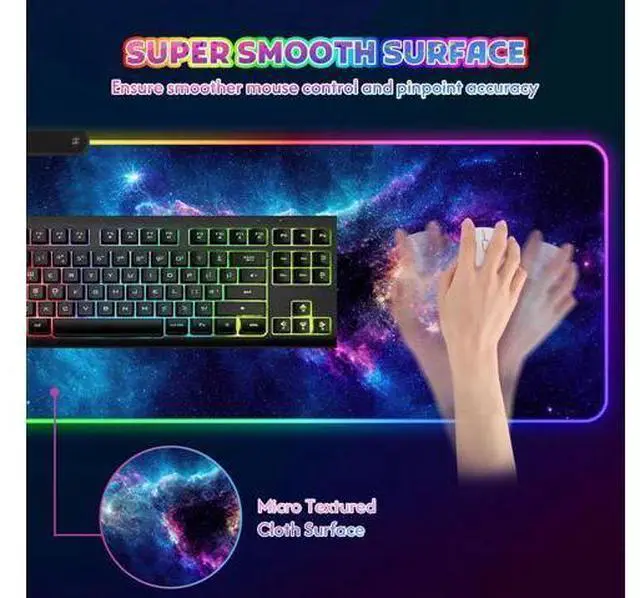 Alt view image 4 of 7 - RGB Mouse Pad Gaming, Large LED Mouse Pad with 14 Lights Modes, 35.4 x 15.7 inches XXL Desk Mat for Keyboard and Mouse, Extended Desk Pad Mat PC Gaming Mousepad AccessoriesBlue Purple Galaxy