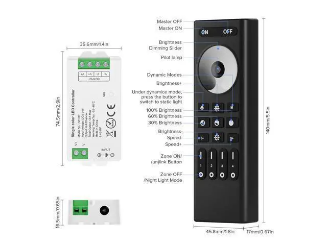 Alt view image 5 of 7 - 5050SMD FCOB COB Dimming RF 2.4GHz Wireless Remote RC01RFB & C01RF Tuya Controller Kit 4 Zones Group Control PWM Single Color (+V -V) 2pin LED Strip Neon Rope Light DC5V DC12V DC24V