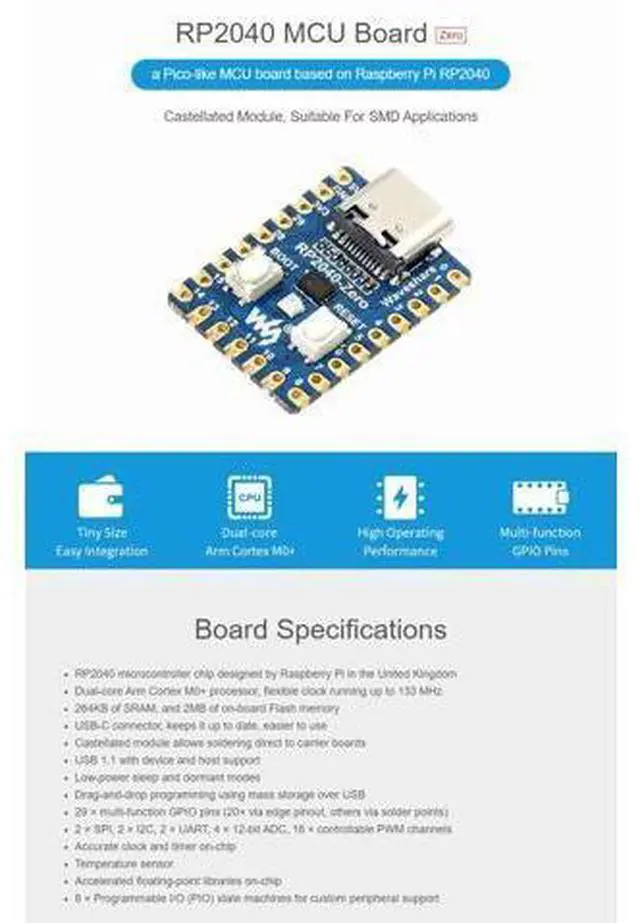 Alt view image 2 of 7 - RP2040-Zero High-Performance Pico-Like MCU Board Based On Raspberry Pi Microcontroller RP2040 Castellated Module Allows Soldering Direct to Carrier Boards-3pcs