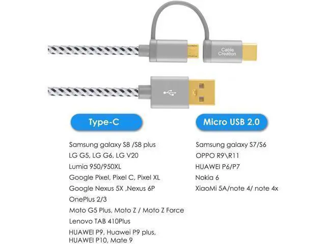 Alt view image 5 of 5 - 2 in 1 USB C Cable, 4ft Micro USB + USB C to USB A Fast Charge Cord Braided, Compatible with Galaxy S20/S10/S9 Note 10 9 8, Pixel 4XL,1.2 M/ Space Gray Aluminum