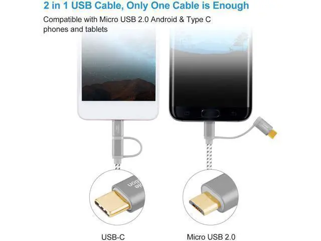 Alt view image 3 of 5 - 2 in 1 USB C Cable, 4ft Micro USB + USB C to USB A Fast Charge Cord Braided, Compatible with Galaxy S20/S10/S9 Note 10 9 8, Pixel 4XL,1.2 M/ Space Gray Aluminum