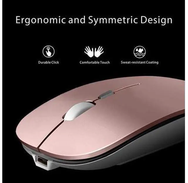 Alt view image 2 of 7 - Q5 Slim Rechargeable Wireless Mouse, 2.4G Portable Optical Silent Ultra Thin Wireless Computer Mouse with USB Receiver and Type C Adapter, Compatible with PC, Laptop, Desktop (Rose Gold)