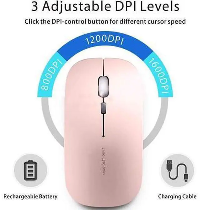 Alt view image 4 of 7 - Q5 Slim Rechargeable Wireless Mouse, 2.4G Portable Optical Silent Ultra Thin Wireless Computer Mouse with USB Receiver and Type C Adapter, Compatible with PC, Laptop, Desktop (Rose Gold)
