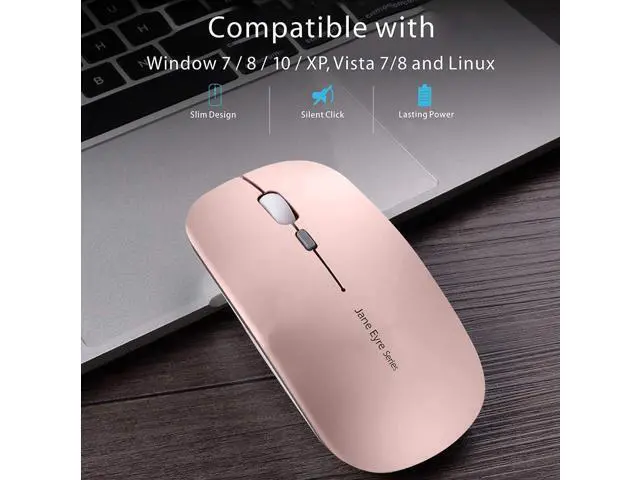 Alt view image 6 of 7 - Q5 Slim Rechargeable Wireless Mouse, 2.4G Portable Optical Silent Ultra Thin Wireless Computer Mouse with USB Receiver and Type C Adapter, Compatible with PC, Laptop, Desktop (Rose Gold)