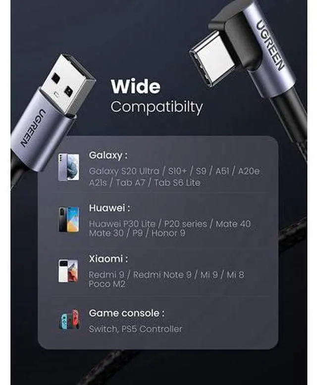 Alt view image 6 of 7 - USB C Charging Cable - 2 Pack 6FT Right Angle 3A Fast Charge QC3.0 USB A to USB C Cable 90 Degree Nylon Braided Cord Compatible with Galaxy S21 Note 20 Z Flip Z Fold iPad Mini 6 Pixel 6 Switch