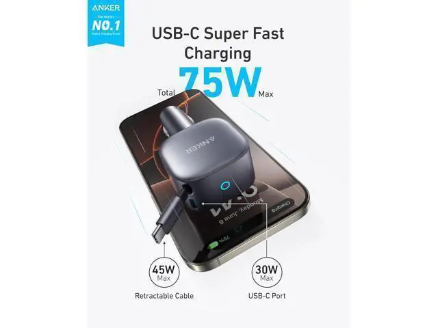 Alt view image 2 of 6 - USB-C Car Charger 75W Max Ultra-Compact Type-C Fast Car Charger with Built-in Retractable Cable Car Adapter for iPhone 15/14 Series S24/S23 MacBookPro/Air iPad and More