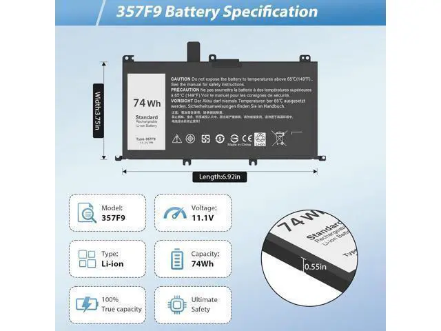 Alt view image 2 of 7 - 74WH 357F9 Laptop Battery Replacement for Dell Inspiron 15 7000 7557 7559 7566 7567 15 5000 Gaming 5576 5577 INS15PD Series P65F P65F001 00GFJ6 P57F P57F003 0GFJ6 71JF4 071FJ4 0357F9 357F9