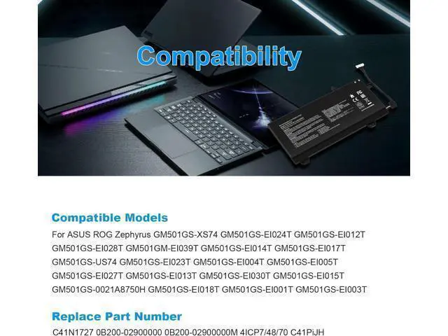 Alt view image 7 of 7 - C41N1727 Laptop Battery Replacement for Asus Zephyrus M GM501 GM501G GM501GM GM501GS ROG GU501 GU501G GU501GM GM501G-SEI006T GM501GS-EI015T GU501GM-BI7N8 GM501GM-EI005T GM501GS-EI003T 15.4V 55Wh