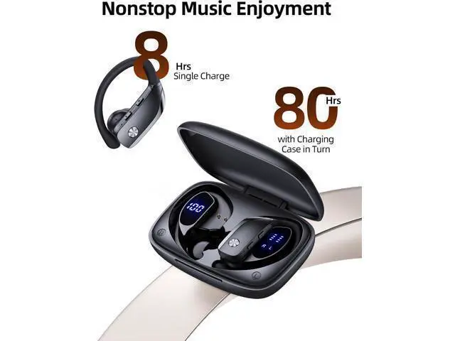 Alt view image 2 of 6 - Wireless Earbuds Bluetooth Headphones Over Ear Hooks Ear Buds with 80H Playtime LED Power Display Dual Mic Clear Calls Sports Wireless Ear Buds Bluetooth Earbuds for Running Gym Workout Black