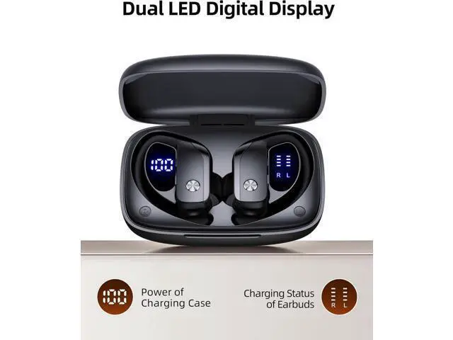 Alt view image 3 of 6 - Wireless Earbuds Bluetooth Headphones Over Ear Hooks Ear Buds with 80H Playtime LED Power Display Dual Mic Clear Calls Sports Wireless Ear Buds Bluetooth Earbuds for Running Gym Workout Black