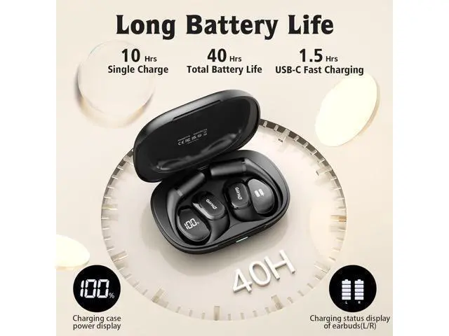 Alt view image 2 of 7 - Open Ear Headphones Over Ear Earbuds with Ergonomic Earhook Bluetooth Headphones 5.4 with Smart Digital Display 40H Playtime IPX6 Waterproof Touch Control Operate Fit Cycling Running Workout(Black)