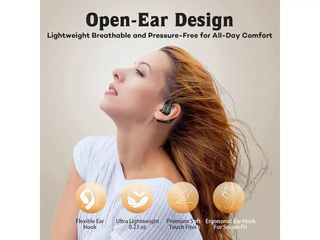 Alt view image 3 of 7 - Open Ear Headphones Over Ear Earbuds with Ergonomic Earhook Bluetooth Headphones 5.4 with Smart Digital Display 40H Playtime IPX6 Waterproof Touch Control Operate Fit Cycling Running Workout(Black)