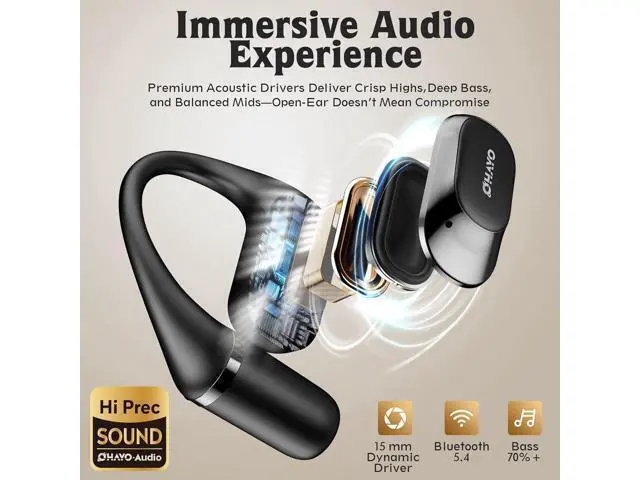 Alt view image 4 of 7 - Open Ear Headphones Over Ear Earbuds with Ergonomic Earhook Bluetooth Headphones 5.4 with Smart Digital Display 40H Playtime IPX6 Waterproof Touch Control Operate Fit Cycling Running Workout(Black)