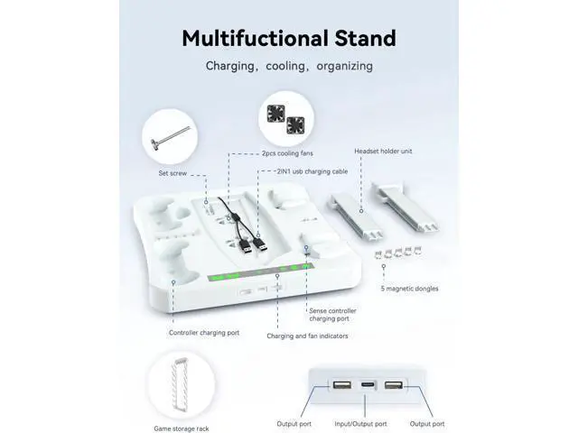 Alt view image 3 of 6 - Magnetic Charging Station Dock for Controllers of PSVR 2 & PS5, Storage Stand for PS5 Console with Dual Cooling Fan, Silicone Lens Protective Cover, Mount Holder for PS VR2 Headset and Game Slot