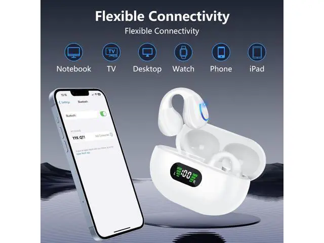 Alt view image 3 of 6 - Open Ear Bone Conduction Headphones Bluetooth 5.3 Wireless Open Clip Ear Earbuds Built-in Mic with Ear Hooks 60 Hours Playtime Sport Earphones IPX7 Waterproof for Fitness Running Walking White 1